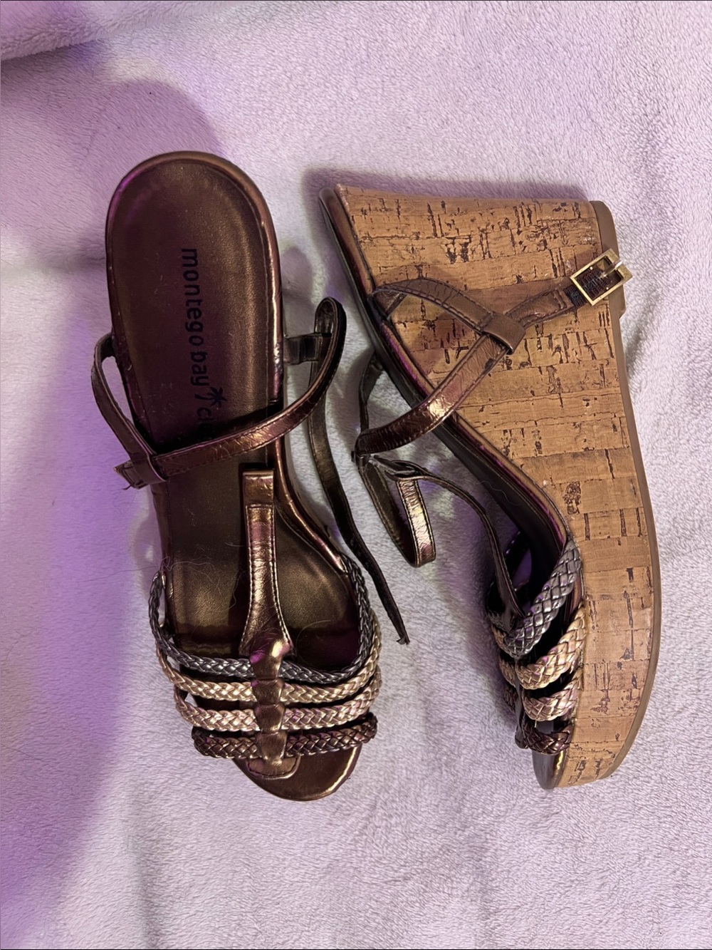 Montego Bay Club Metallic Bronze Braided Cork Wedge Sandals